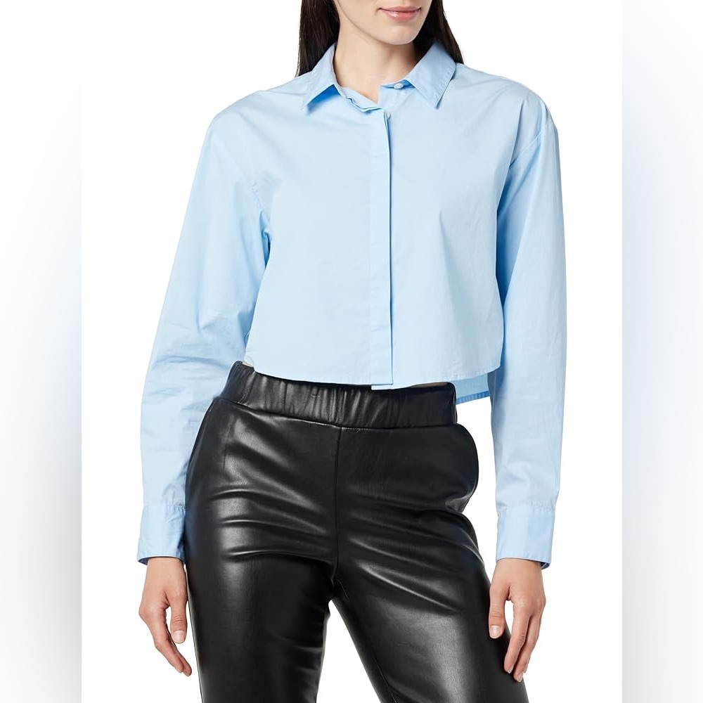 The Drop Women's Isadora Cropped Poplin Shirt French Blue NWT